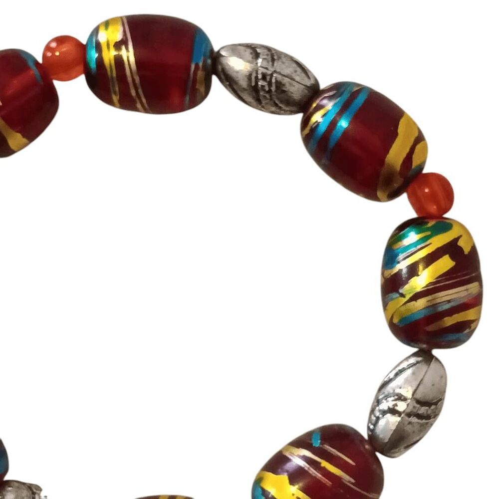 Handmade Glass Bead Bracelet Red Gold Stretch Band - Picture 3 of 5